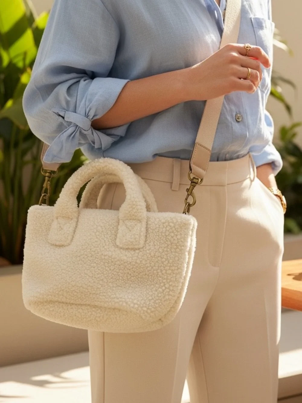Universal Thread Cream Sherpa Tote with Antique Brass Gold Hardware